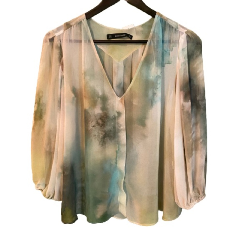 Zara sheer chiffon watercolour ombre top blouse 3/4 sleeves